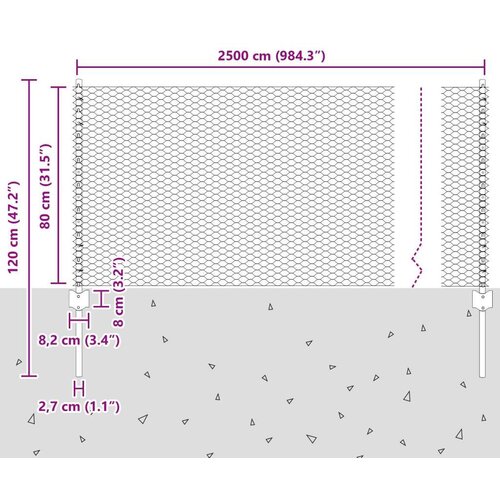 vidaXL Ograjni Stebri 11 kos U-kanal Sivi 80 cm Jeklo, Heksagonalna Ograja Siva 0.8x25 m Jeklo Cene