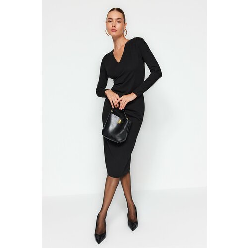 Trendyol Black Double Breasted Neck Long Sleeves Smocking Detailed Fitted Midi Knit Dress Slike