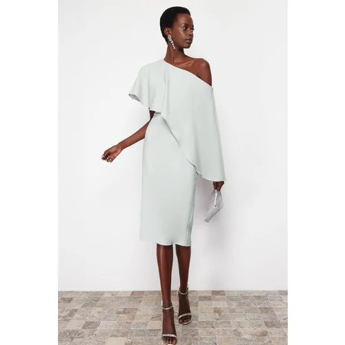 Trendyol Mint Cape Detailed Woven Elegant Evening Dress