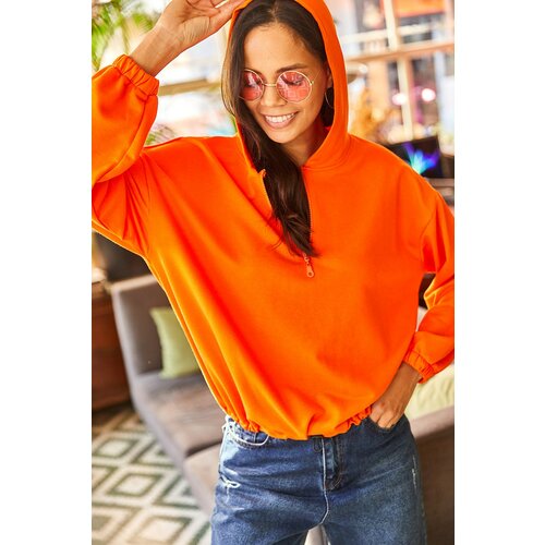Olalook Women's Plain Orange Hooded Half-Zip and Gathered Sweatshirt Slike