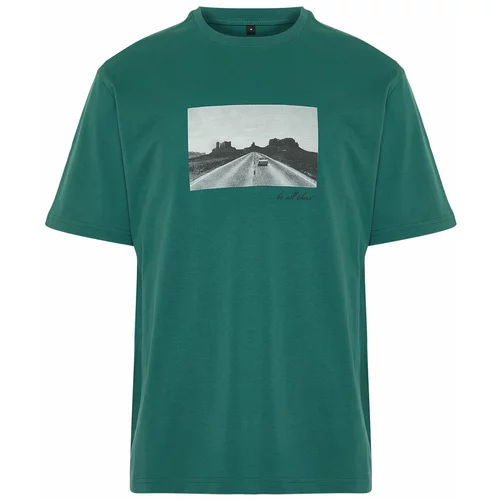 Trendyol Men's Emerald Green Relaxed Photoprint Printed 100% Cotton T-shirt