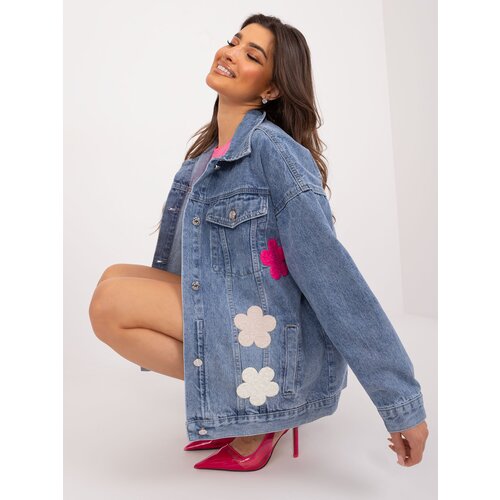 Fashion Hunters Blue women&amp;#039;s denim jacket with flowers Slike