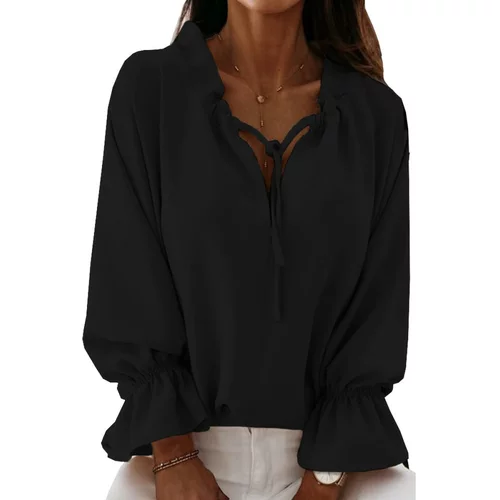 Fenzy elegantna bluza ohlapnega kroja z nabranim ovratnikom z vrvico in "v" izrezom alonza, črna
