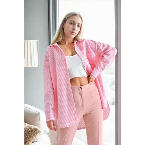 Dewberry 49999 Blue Wrinkled Detailed Striped Women Shirt-PINK Slike