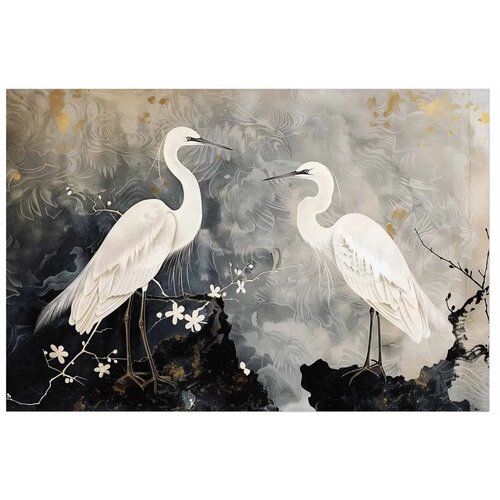  Plakat - Herons and Cherry Blossom - oriental-style illustration depicting birds 90x60 Bez okvira Slike