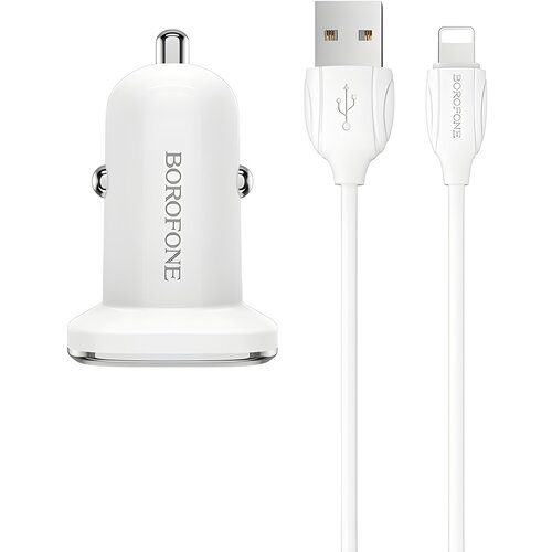 Borofone avto polnilec s kablom - 2x USB s 2,4A Lightning kablom - Bela Slike