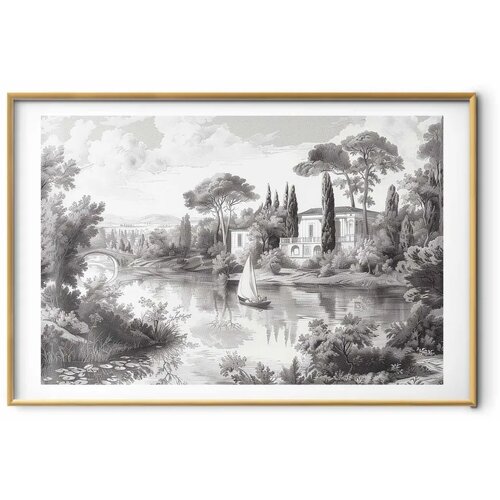  Plakat - Black-and-White Vintage Landscape with a Pond 60x40 Zlatni okvir s margom Slike