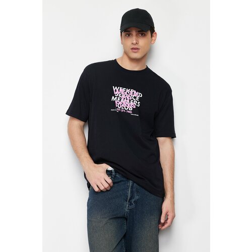 Trendyol men's black oversize 100% cotton printed t-shirt Slike