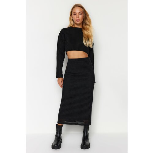 Trendyol Black Midi Lined Mesh Fabric High Waist Knitted Skirt Slike