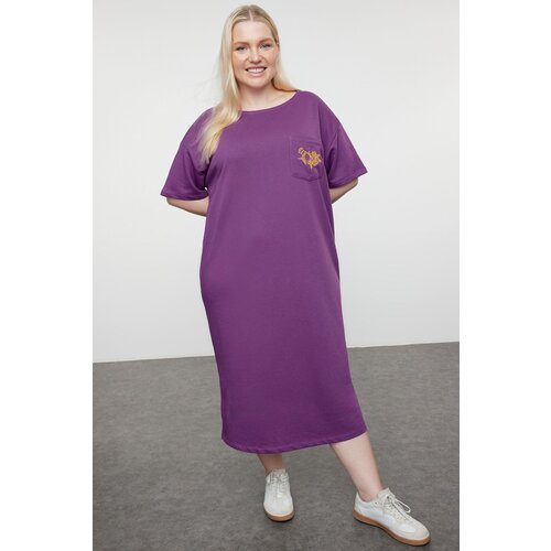 Trendyol Curve Purple Embroidered Relaxed/Casual Cut Crew Neck Midi Knitted Dress Slike