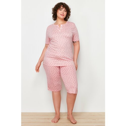 Trendyol Curve Pink Floral Pattern Capri Knitted Pajamas Set Slike