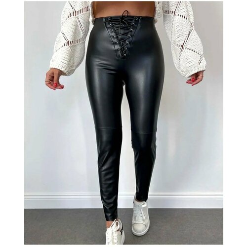 Laluvia Black Leather Leggings with Rope Detail on the Front Cene