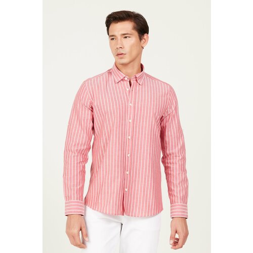 AC&Co / Altınyıldız Classics Men's Claret red-white Slim Fit Slim Fit, Hidden Button Collar 100% Cotton Striped Shirt. Slike