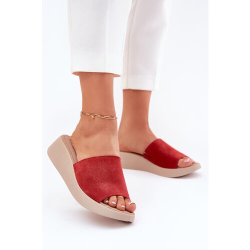 Panto Fino Suede Ladies Wedge Sandals Red Cene