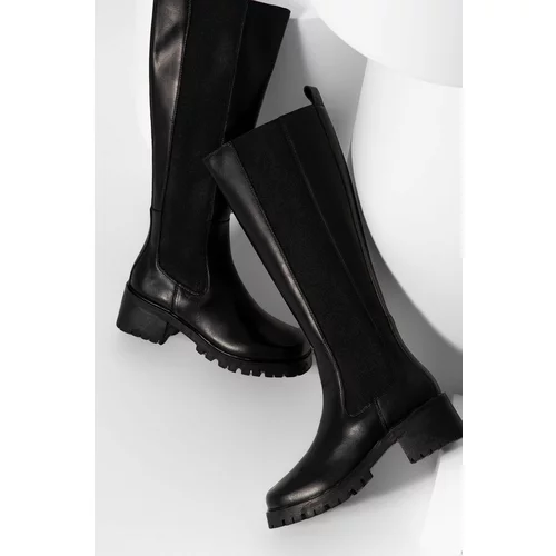 Answear Lab Usnjeni elegantni škornji ženski, črna barva,