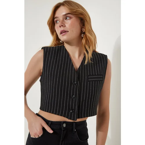  Women's Black Striped Mini Woven Vest