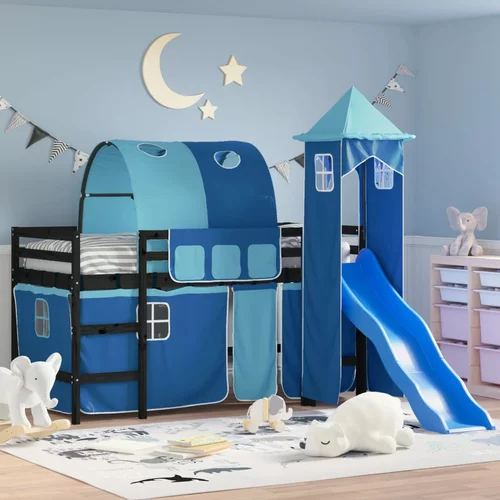  Dječji krevet na kat s tornjem plavi 90x200 cm masivna borovina
