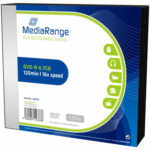 Mediarange DVD-R medij 4,7GB, 16x, v škatli, 5 kosov