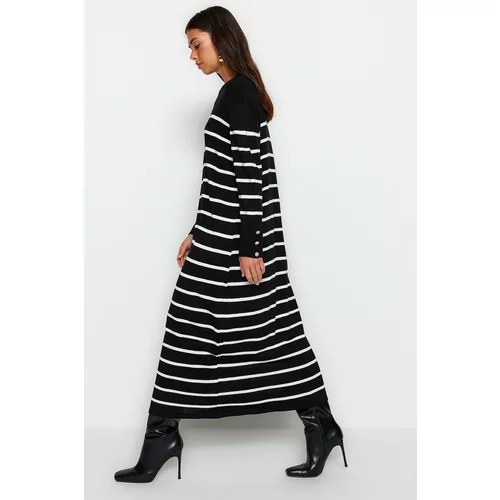 Trendyol Black Striped Knitwear Dress With Button Detailed Sleeves