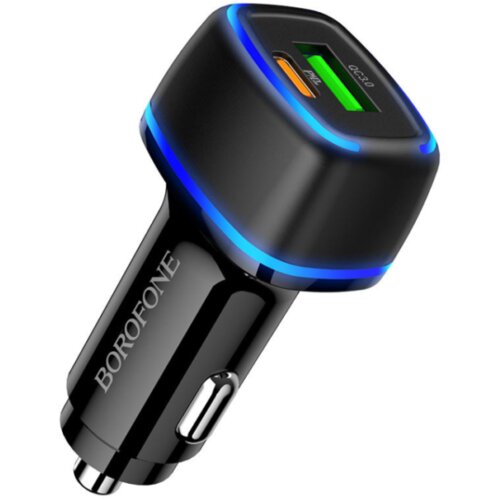  Auto Punjač BOROFONE BZ14A Mercury dual port PD20W+QC3.0 USB + Type-C ambient light car black Cene