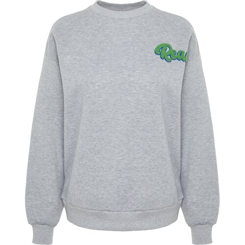 Trendyol Gray Melange Thick Fleece Inside, Embroidery Oversized/Wide Knitted Sweatshirt Slike
