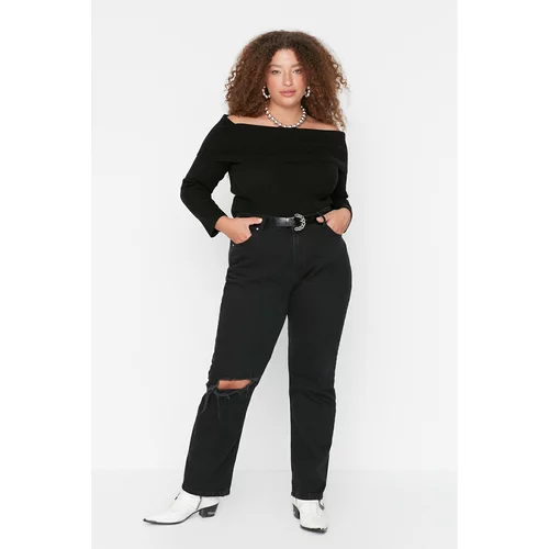 Trendyol Curve Black Ripped Detailed High Waist Pile Cuff Jeans