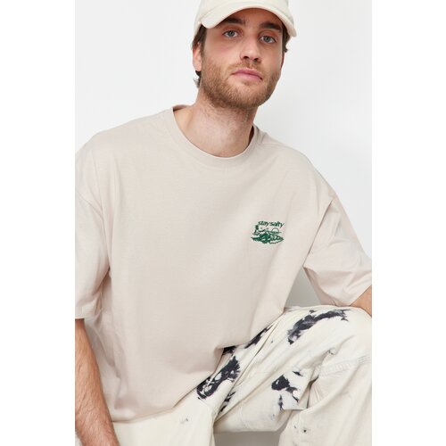 Trendyol Stone Men's Oversize Tropical Embroidered 100% Cotton T-Shirt Slike