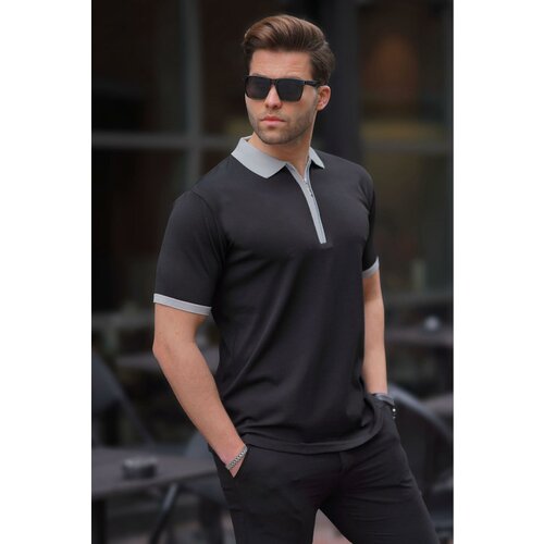 Madmext Black Zipper Detailed Polo Collar Men's T-Shirt 6880 Slike