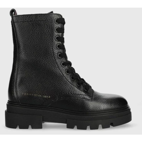 Tommy Hilfiger Kožne čizme Monochromatic Lace Up Boot, za žene, boja: crna, ravna potpetica