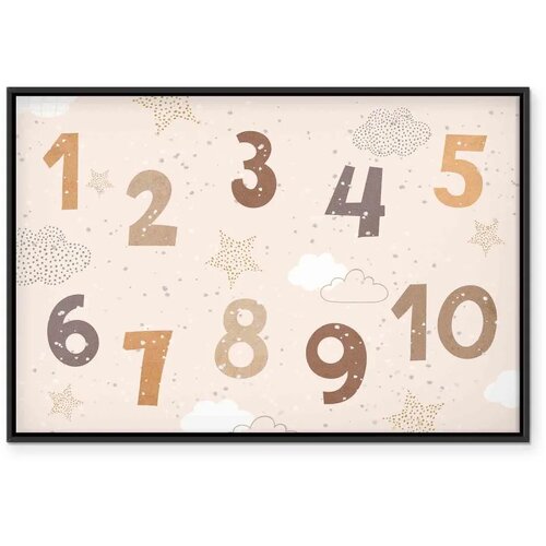  Slika - Jumping Numbers - Numbers in a Subdued Beige-Brown Hue Among Snowflakes Stars and Clouds 120x80 U crnom drvenom okviru Slike