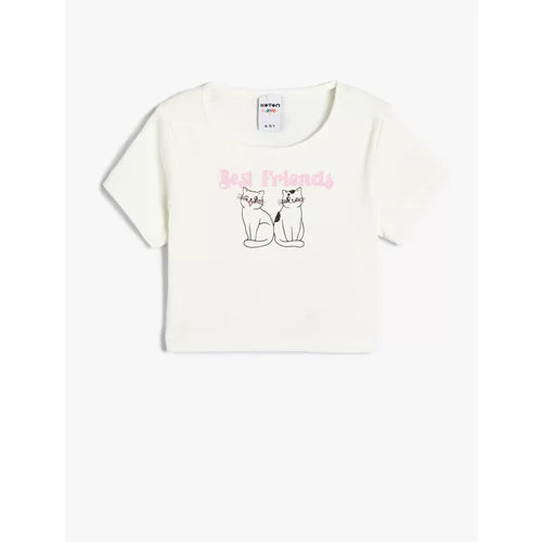 Koton Crop T-Shirt Short Sleeve Cat Printed Crew Neck