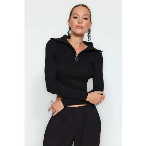 Trendyol Black Crop Zipper Detail Knitwear Sweater