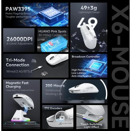 Attack Shark bežični gaming mi&amp;scaron; X6 PAW3395/26000 dpi/superlight/trimode/white + charging dock Slike