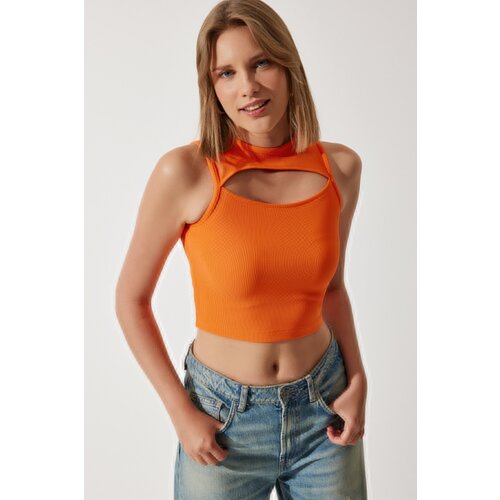 Women's Orange Cut Out Detailed Ribbed Crop Knitted Blouse Slike