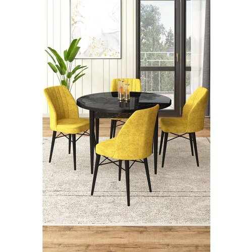 Hanah home Rox - Black Marble, Mustard Black MarbleMustard Dining Table & Chairs Set (5 Pieces) Cene