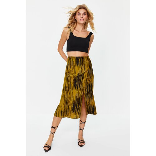 Trendyol Mustard Slit Detail Viscose Fabric Patterned Midi Woven Skirt Slike