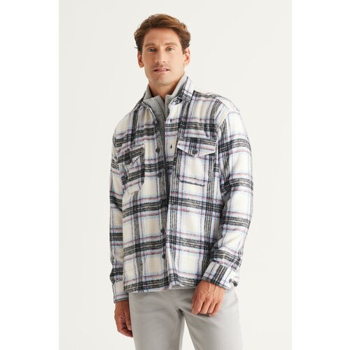 AC&Co / Altınyıldız Classics Men's Ecru Blue Oversize Wide Cut Buttoned Collar Pocket Checkered Lumberjack Winter Shirt Jacket Slike