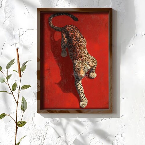 Wallxpert uramljena MDF slika NAL043-46, leopard se šunja na crvenoj pozadini, 35,5 x 47 cm Cene