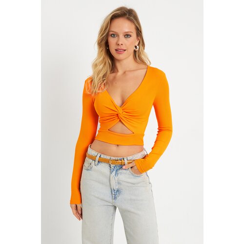 Cool & Sexy Women's Front Knotted Crop Blouse Orange Slike