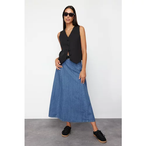 Trendyol Dark Blue High Waist Midi Modest Denim Skirt