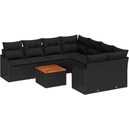 VidaXL Set od 9 vrtnih sofa s jastučićima Crni poli ratan acacija, Kauč za dvoje s jastučićima Crni poli ratan Slike