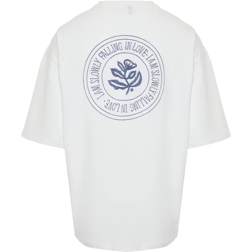 Trendyol Ecru Men's Oversize Embroidered 100% Cotton T-Shirt