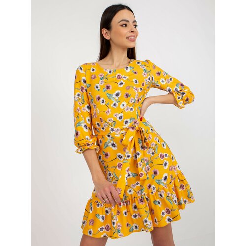 Fashion Hunters Dark yellow floral dress with tie and ruffle Slike