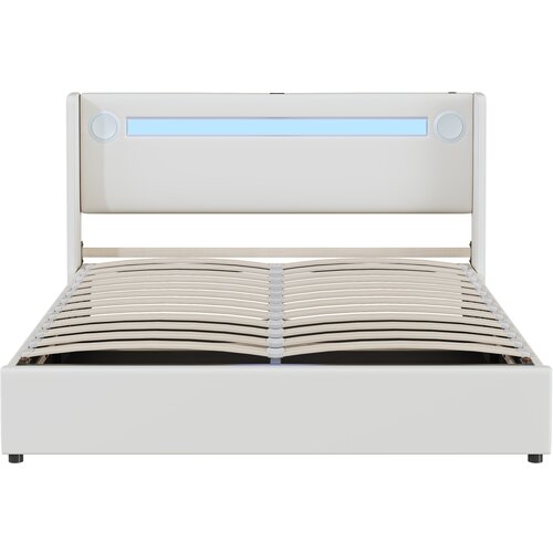 Lumor Postelja s predalom 160x200 cm iz umetnega usnja &amp;ndash; z LED osvetlitvijo, Bluetooth, USB priključki in letveno podlago &amp;ndash; bela, (22151569) Slike