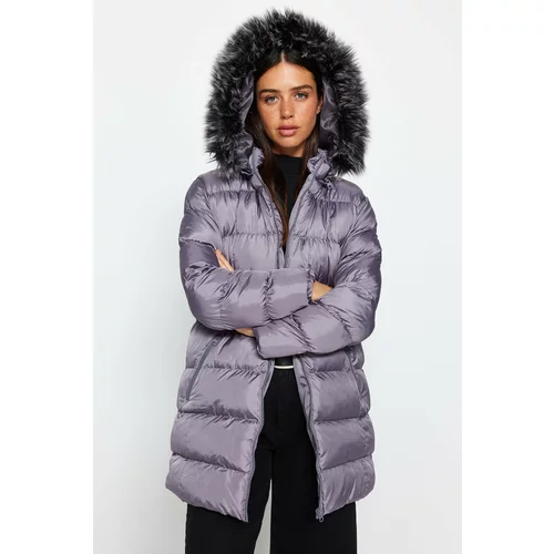 Trendyol Gray Oversized Fur Coat with a Hooded, Water-repellent Inflatable Coat.