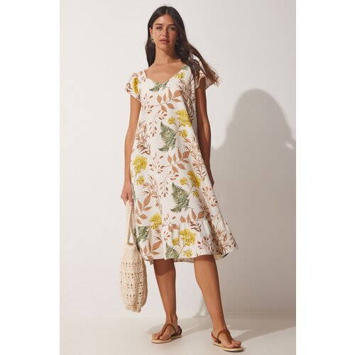  Women's Cream Biscuit Patterned Linen Summer Dress Cene