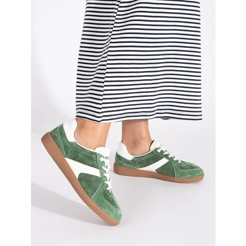 Shelvt Women's leather green and white sneakers