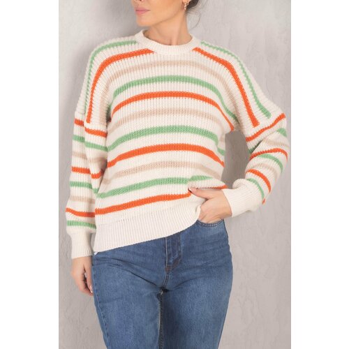 armonika Women's Green Striped Thessaloniki Knitted Sweater with Elastic Sleeves and Waist Cene