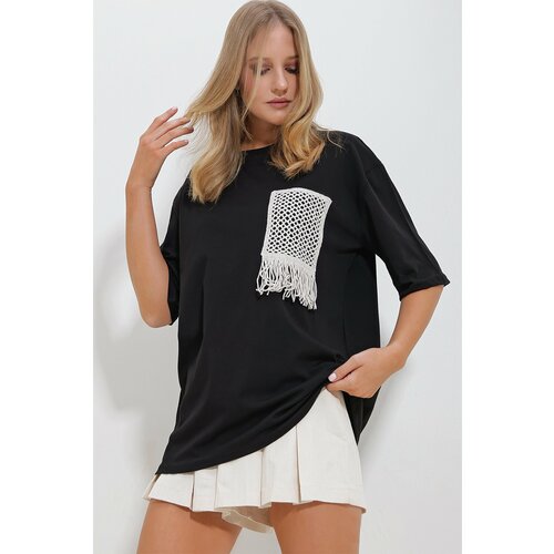 Trend Alaçatı Stili Women's Black Crew Neck Knitted Two Thread T-Shirt Cene