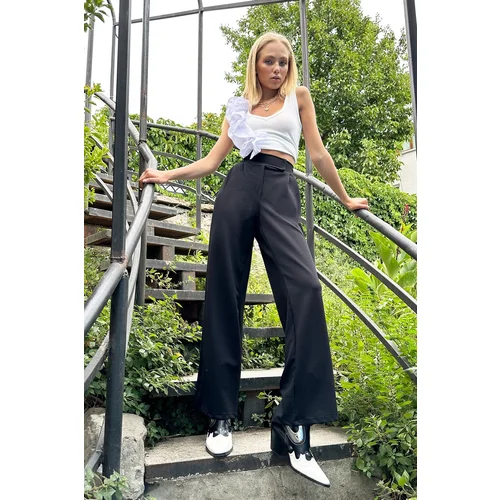 Trend Alaçatı Stili Women's Black High Waist Double Pockets Pleated Palazzo Pants with Snap Fastener